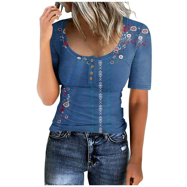 Tops de Cuello Redondo para las Mujeres Botón Hasta Manga Corta Suelta Camiseta de Imitación Algodón Estante, Top Casual para el Hogar Diario Y el Trabajo