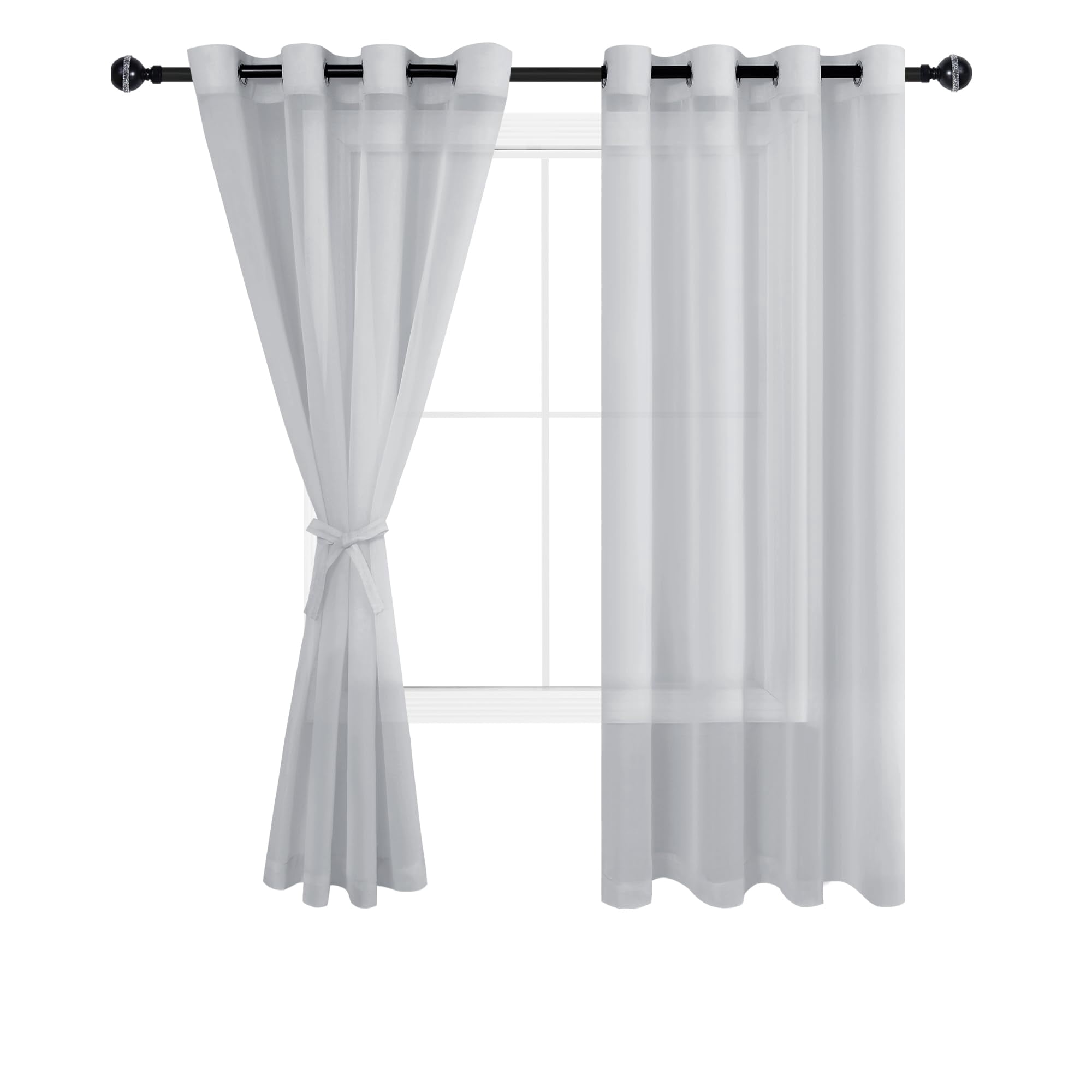 Hiasan Grey Sheer Curtains with Tiebacks, Light Filtering Contemporary Window Drapes for Living Room, Bedroom, Grommet, 52" x 63", Set of 2