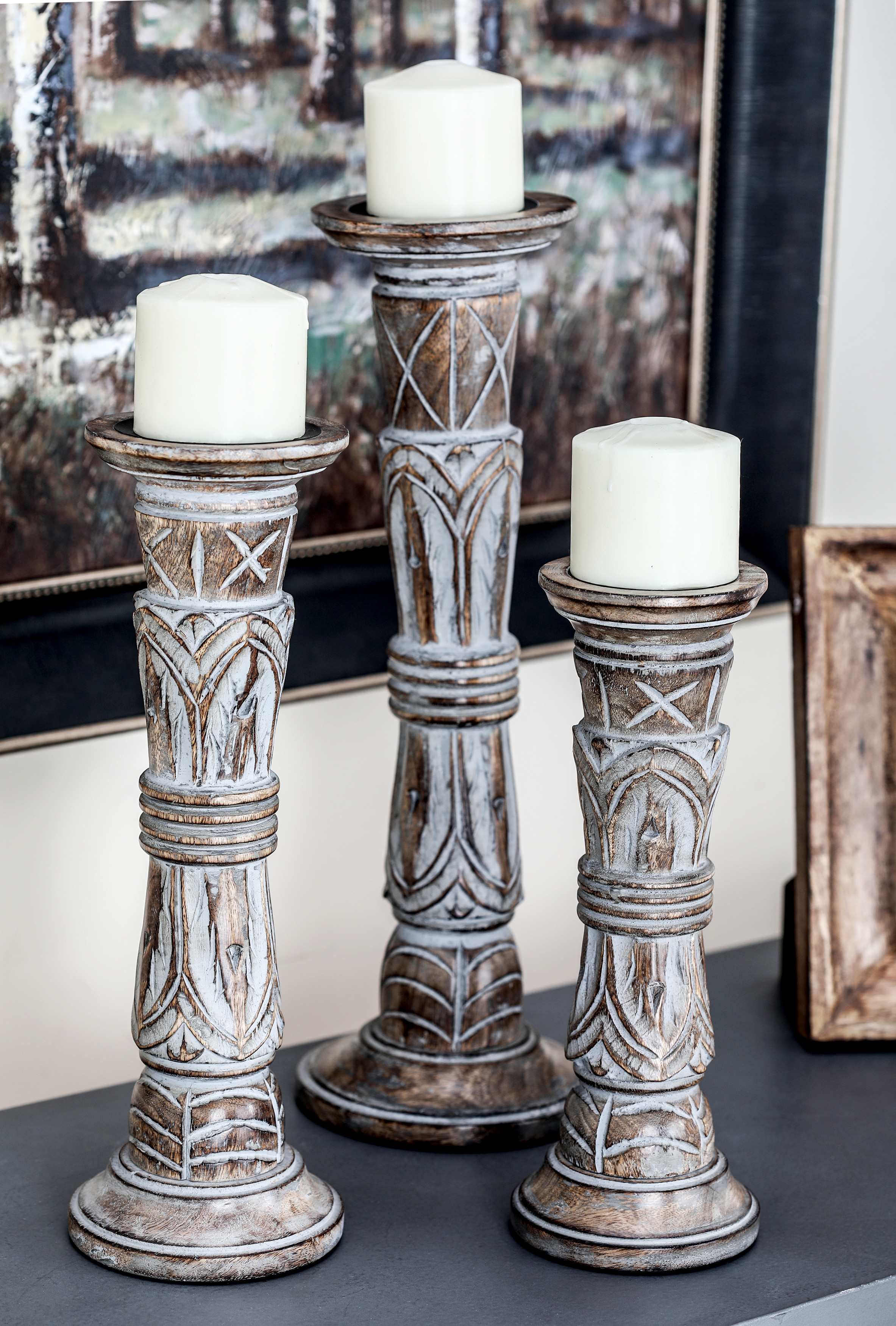 DecMode Tall Distressed Brown Wooden Candle Holder, Set of 3 18", 15
