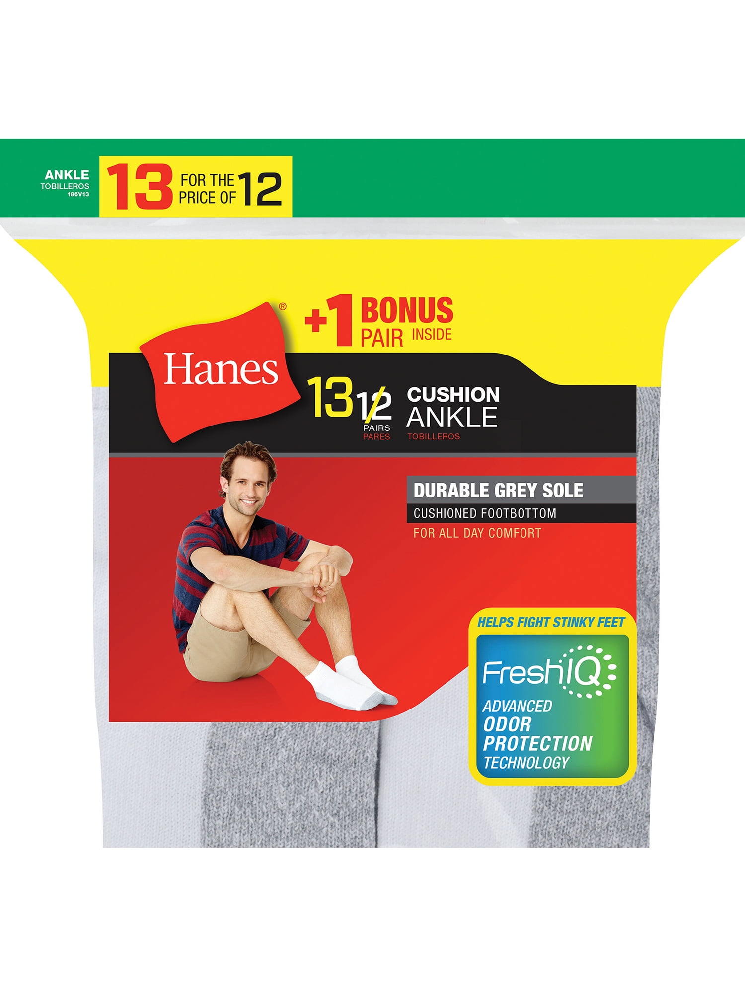 Hanes Men's Cushion FreshIQ Ankle Socks 12 + 1 Bonus Pack