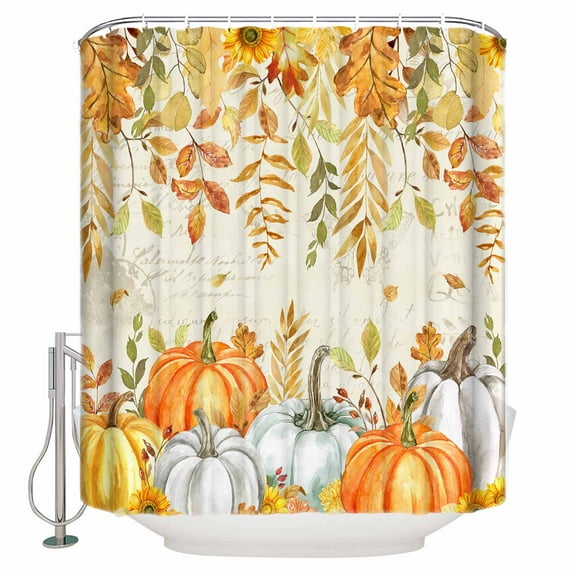 Fabric Shower Curtain Fall Thanksgiving Harvest Retro Pumpkin Leaves Sunflower Shower Curtains with 12 Hooks Waterproof Machine Washable Bath Curtains for Bathroom, 72 x 72in