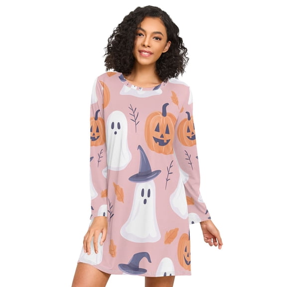 FORMRS Womens Long Sleeve Nightgowns Crew Neck Sleep Shirt Soft Pajamas Sizes S-3XL, Cartoon Halloween Ghosts