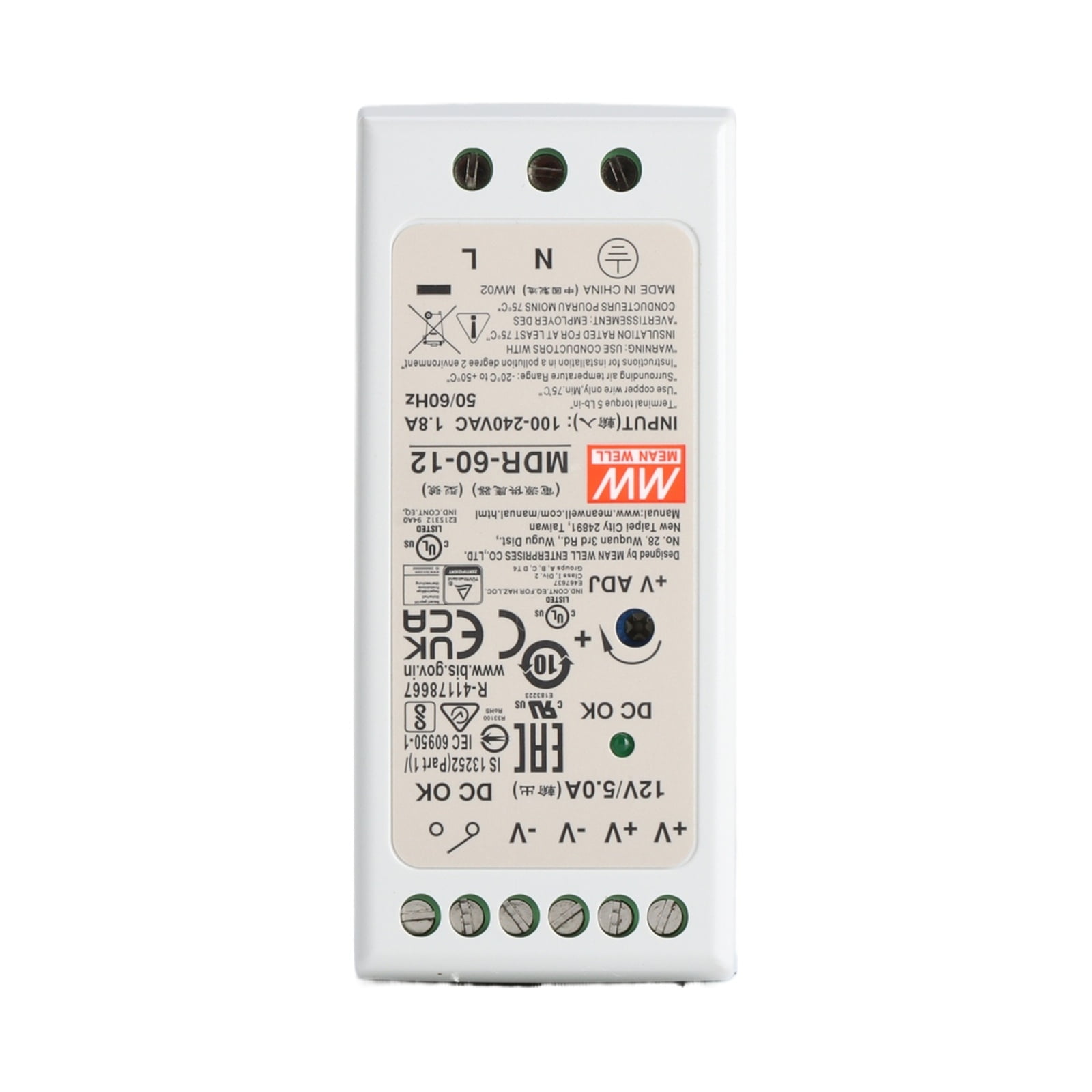 Feedannce 12V 5A 60W Industrial DIN Rail Power Supply, Automation, LED Lighting MEAN WELL MDR-60-12