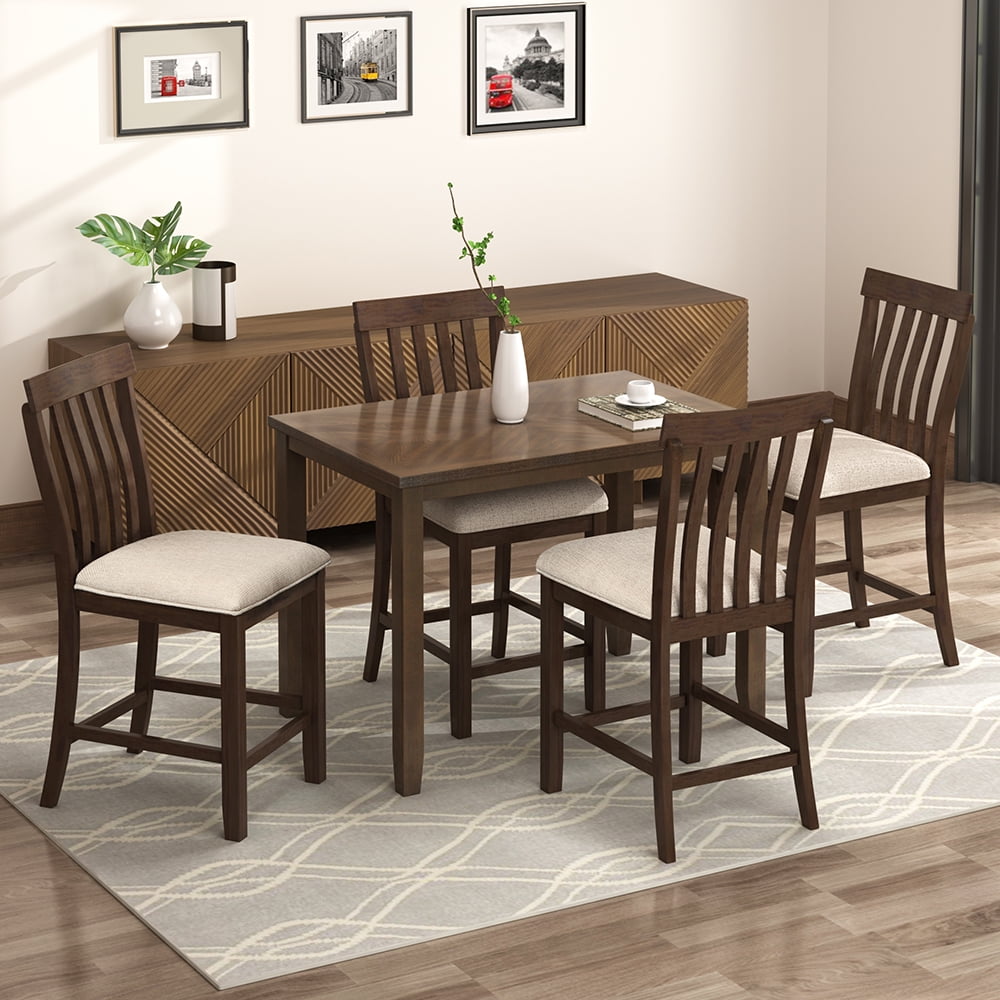 Kepooman 5Pcs Dining Sets, Transitional Style Counter Height Wood Dining Square Table & 4 Chairs with Upholstered Seat and Footrest, Yellow Oak Kepooman 5Pcs Dining Sets, Transitional Style Counter Height Wood Dining Square Table & 4 Chairs with Upholstered Seat and Footrest, Yellow Oak