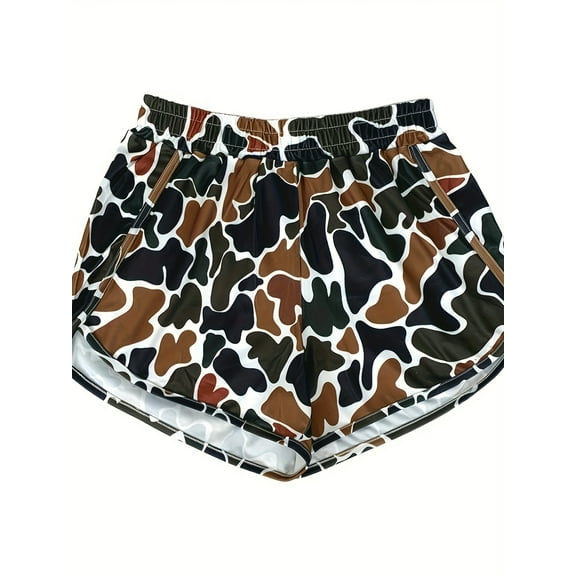 Casual style green and brown camouflage shorts made of durable polyester fabric with drawstring and elastic waistband for spring and summer seasons