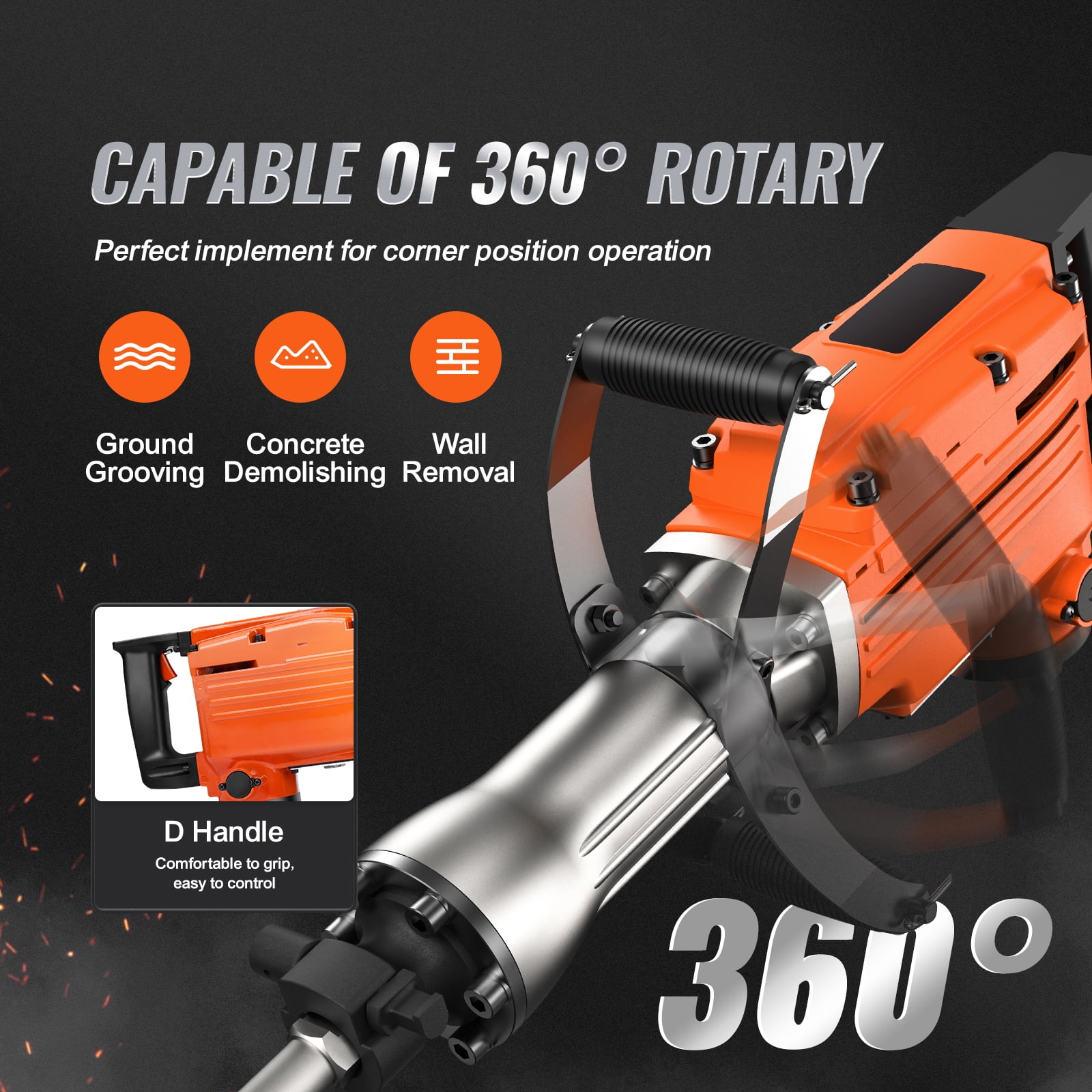 KFFKFF Demolition Jack Hammer, 2200W Electric Power Drill, 1350 BPM Cement Shatterer, Dual Chisels Bit Chipping Included with Protective Case