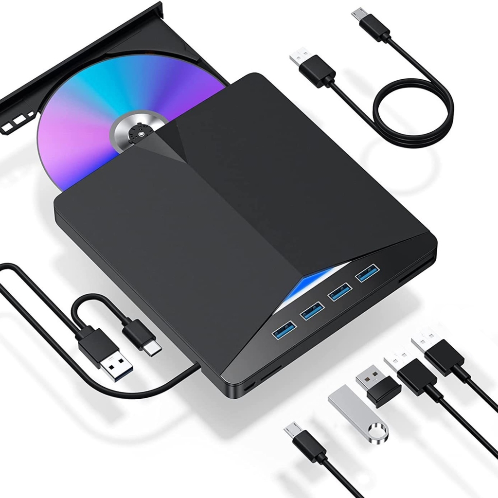 BQBQERT 7 Port External Video Disc Drives for Laptop USB C USB3.0 Portable Burners Writer with Card Slot USB Ports Fast Speed Re