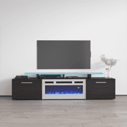 Rova WH-EF Fireplace TV Stand for TVs up to 85", Modern High Gloss 75" Entertainment Center, Electric Fireplace TV Media Console with Storage Cabinets and LED Lights
