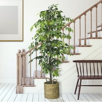 LCG Florals Artificial Tree, Faux Designer Ficus Tree, 6 ft (72in) in Handwoven Rattan Basket, Indoor Tree for Living Room, Office, & Home Decor