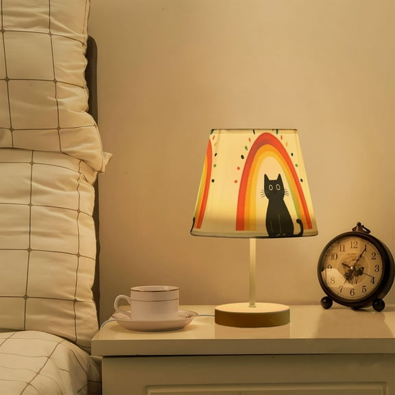 Yayeee Mini Table Lamp 10.8" Dimmable with Fabric Shade 3 Color Temperatures, Black Cat Rainbow