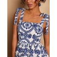thumbnail image 6 of Blue And White Floral Print Square Neck Tie-Shoulder Ruched Mini Dress For Women, 6 of 8