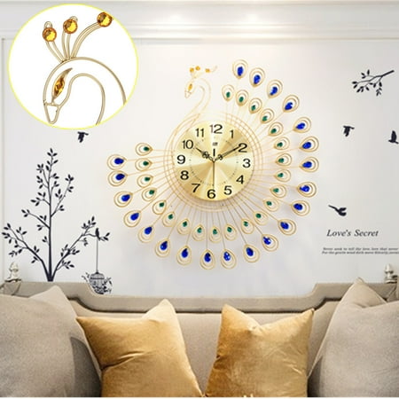 Small Crystal Clock (21 inch Non Ticking 3D Large Luxury 40pcs Diamonds Peacock Decorative Clock Crystal Metal Clock Silent Wall Clock for Living Room, Bedroom,)