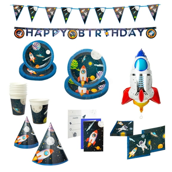 Procos Space Themed Birthday Party Kit with Plates, Cups, Napkins, Invitations, Hats, Banners, & Foil Balloon – FSC Certified