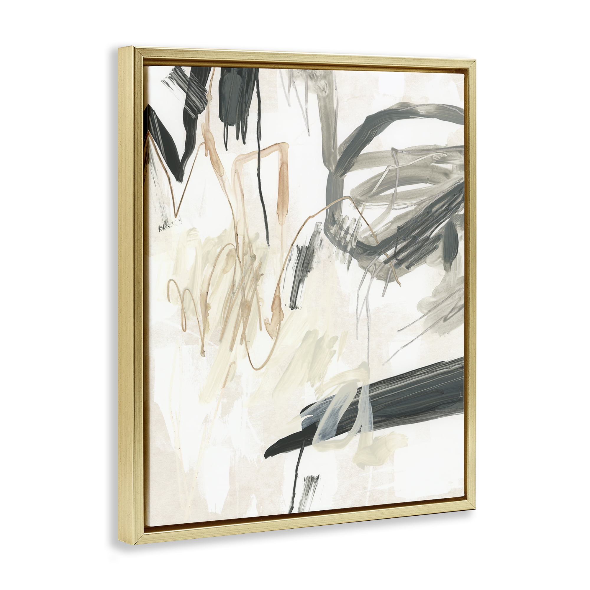 Stupell Industries Scribbled Abstract on Beige Abstract Painting Gold Floater Framed Canvas Art Print Wall Art, 17 x 21