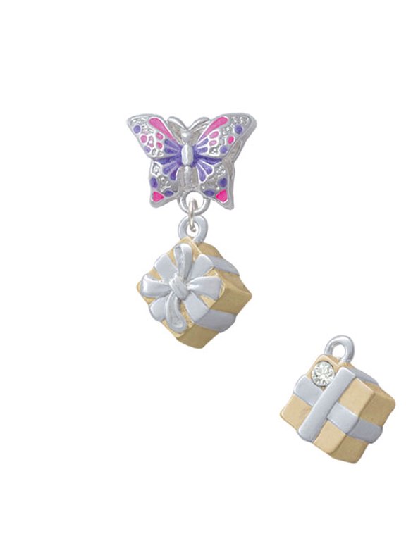 3-D Gold Tone Present with Crystal - Butterfly Charm Bead