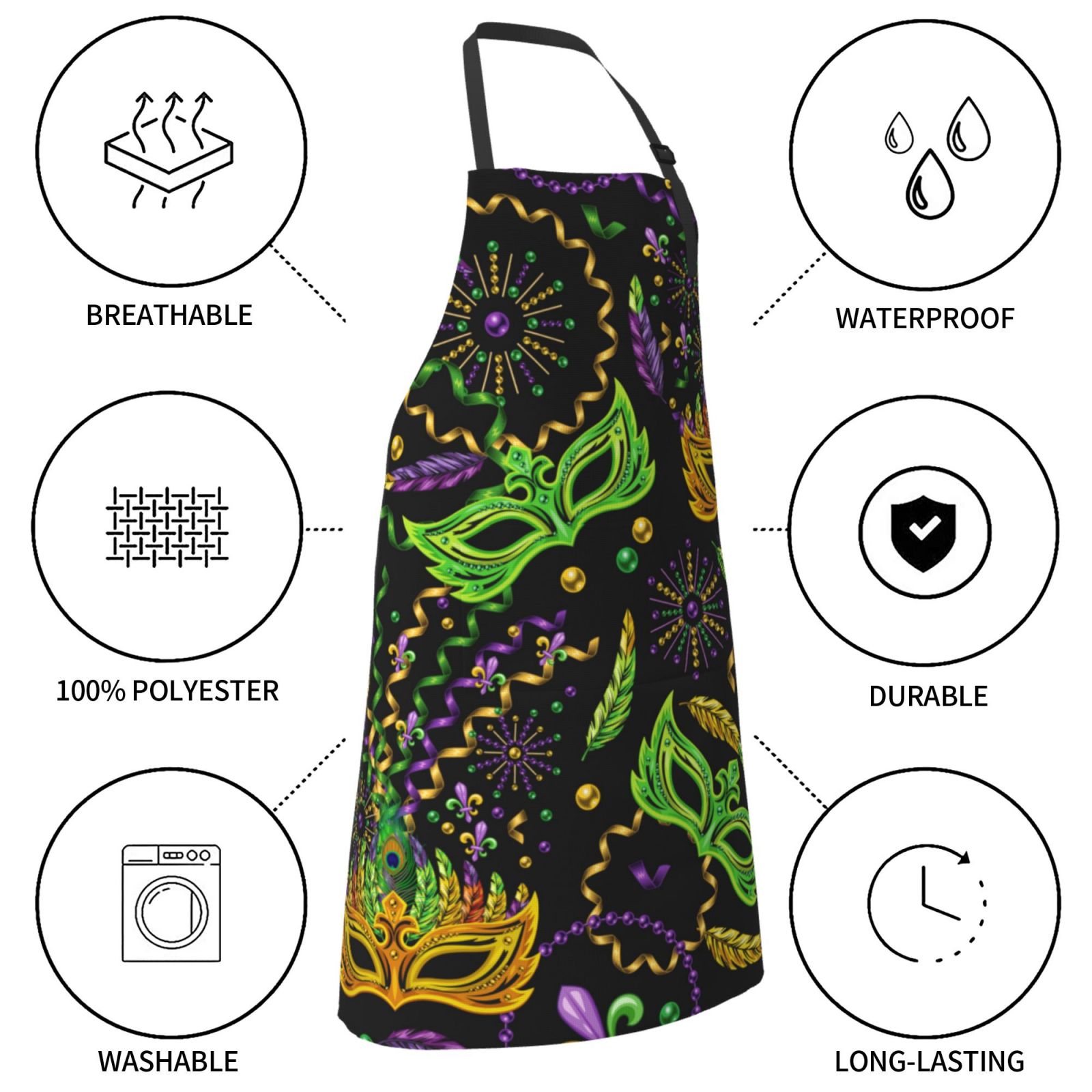 Kdxio Carnival Mardi Gras3 Apron with Pockets Adjustable Kitchen Aprons for Men Women Waterproof Aprons for Cooking,Drawing,Crafting, Baking Household Cleaning