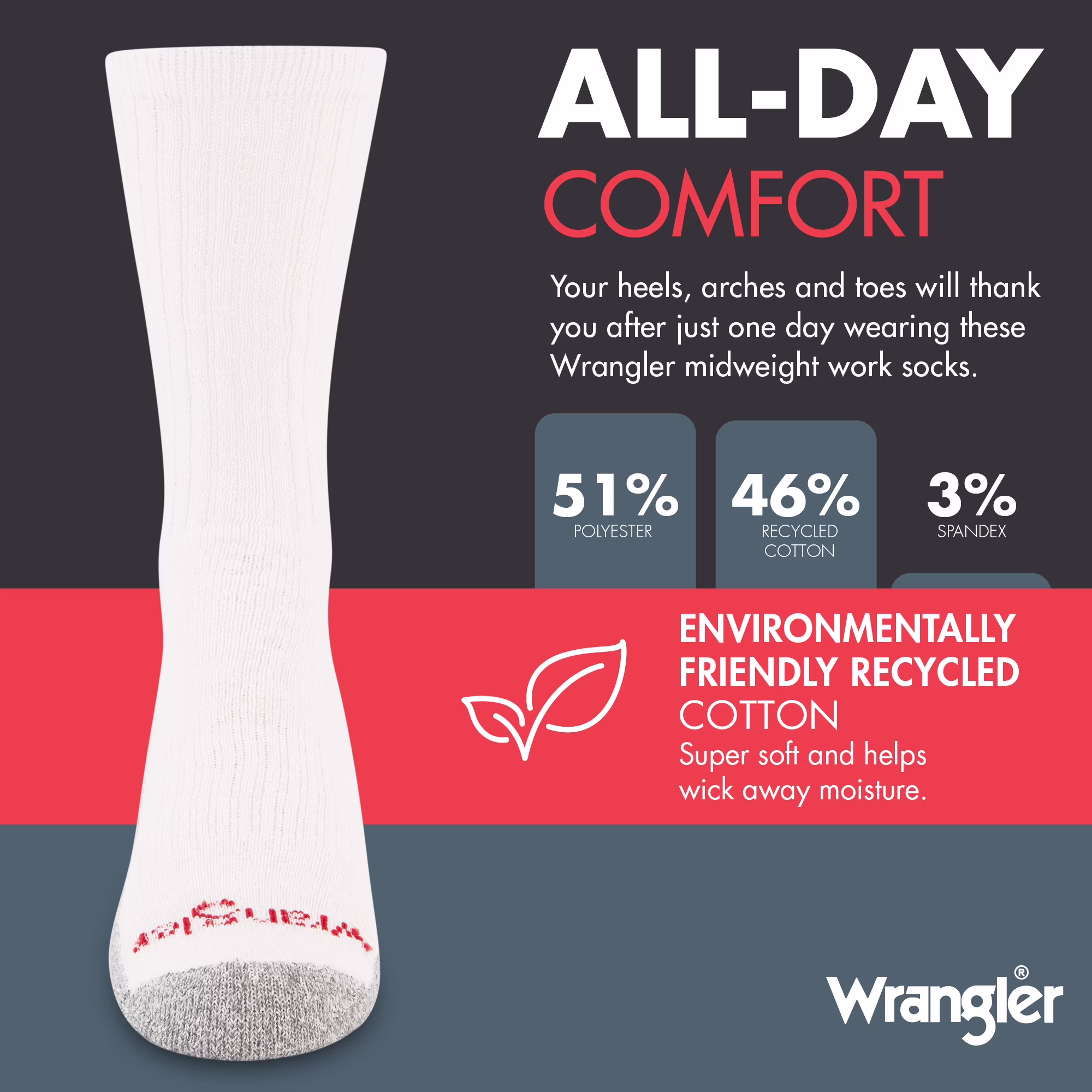 Wrangler Men's Cushion Crew Socks, Work Socks for Men, White, 6 Pack