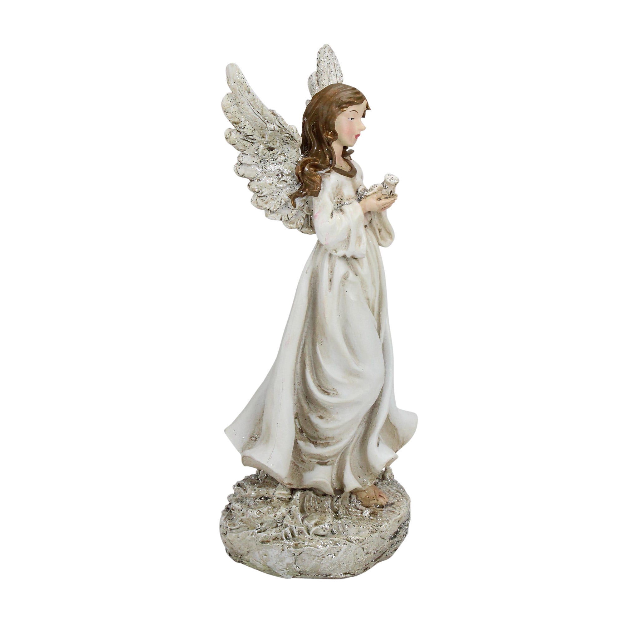 11" White Serene Angel with Dove Outdoor Patio Garden Statue