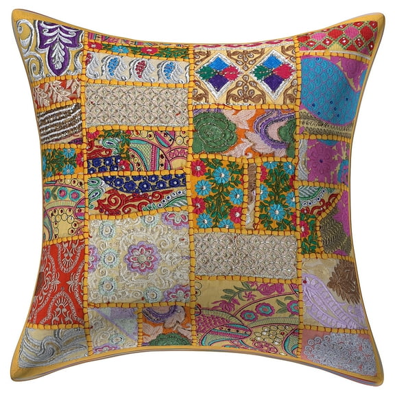 Stylo Culture Indian Cotton Decorative Throw Pillow Sham Cover Mango Yellow 20x20 Bohemian Vintage Patchwork Indian Couch Cushion Cover 50 x 50 cm Home Decor Abstract Square Pillowcase | 1 Pc