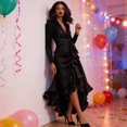thumbnail image 5 of Quixlent Women's Satin V Neck Ruffle Long Sleeve Dress Tie Waist Split A-Line Wrap Dress Formal Cocktail Wedding Guest Dress, 5 of 7