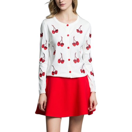 Cotton Cardigan Jacket - Women Cotton Sweater Cherry Embroidery Knitting Cardigan Outwear Jacket Coat