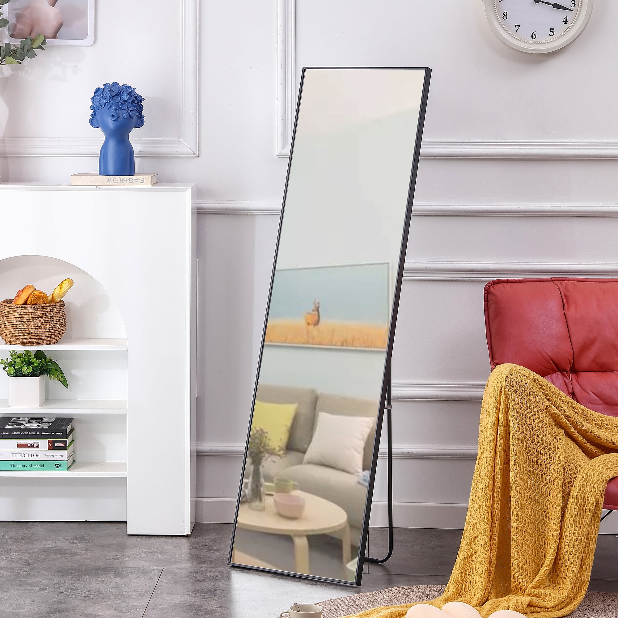 Full-Length Mirror, Dressing Mirror with Solid Wood Frame, Floor Mirror for Living Room, Bedroom, 58"×15", Black