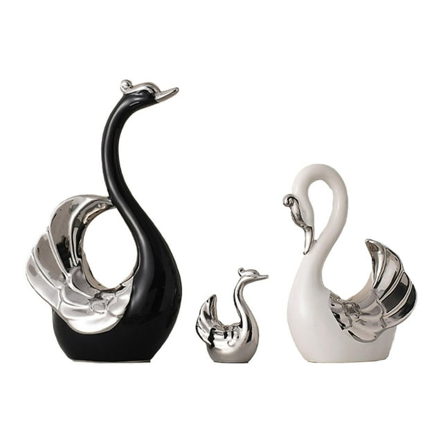 3 figuras de cisne, estatua de la familia de cisnes, manualidades creativas coleccionables, adornos de mesa, esculturas de animales para oficina y sal Negro Plata