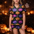 thumbnail image 2 of Dmsael Little Girl Pajamas Baby Girl Halloween Silk Pajamas Set Button Down Pumpkin Ghost Short Sleeve Shirts Tops and Shorts Satin Pj Sets, 2 of 6