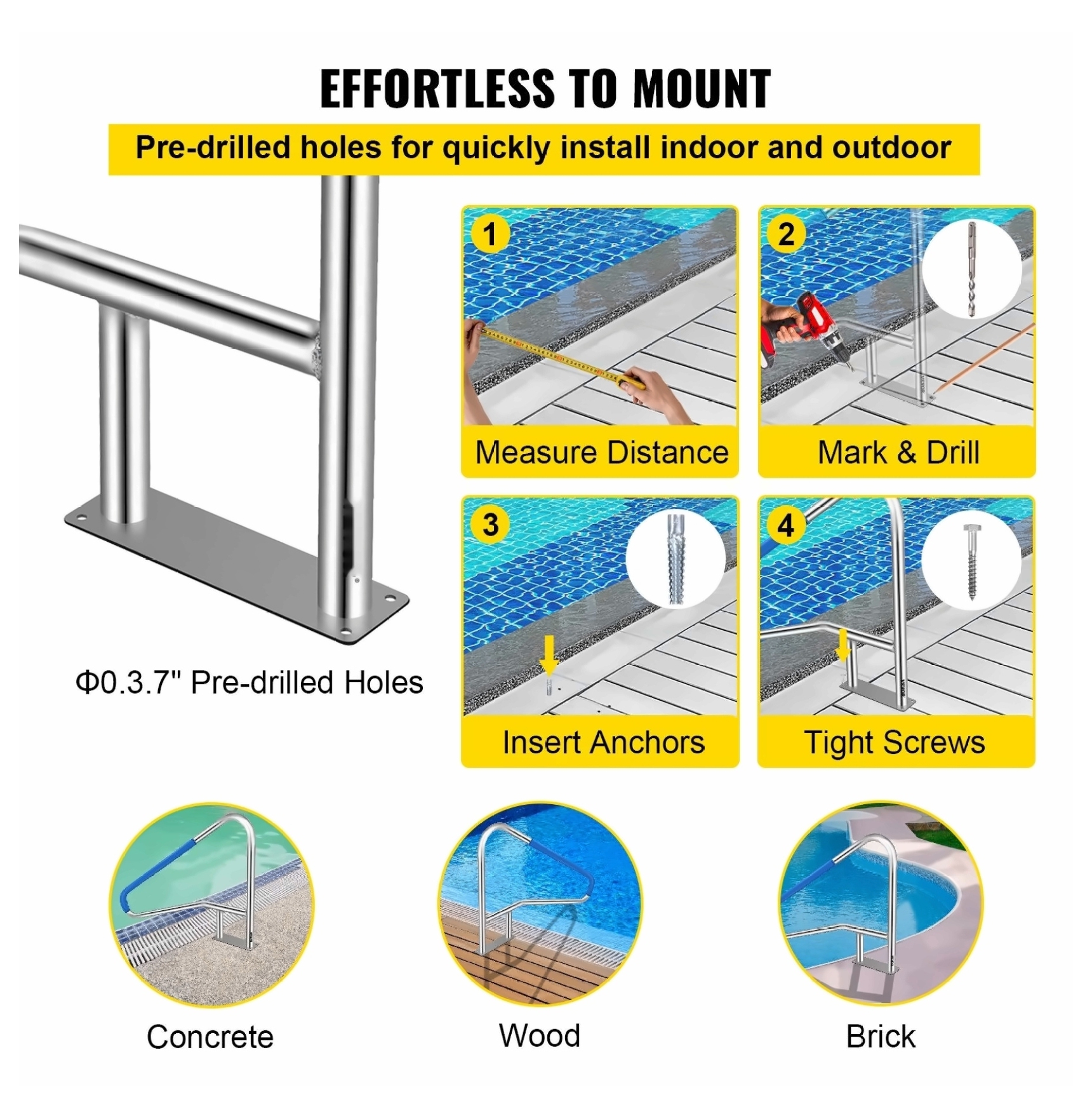 Pool Rail 55x32 Stainless Steel Handrail - 250LBS Capacity, Rustproof, with Blue Grip & Installation Kit