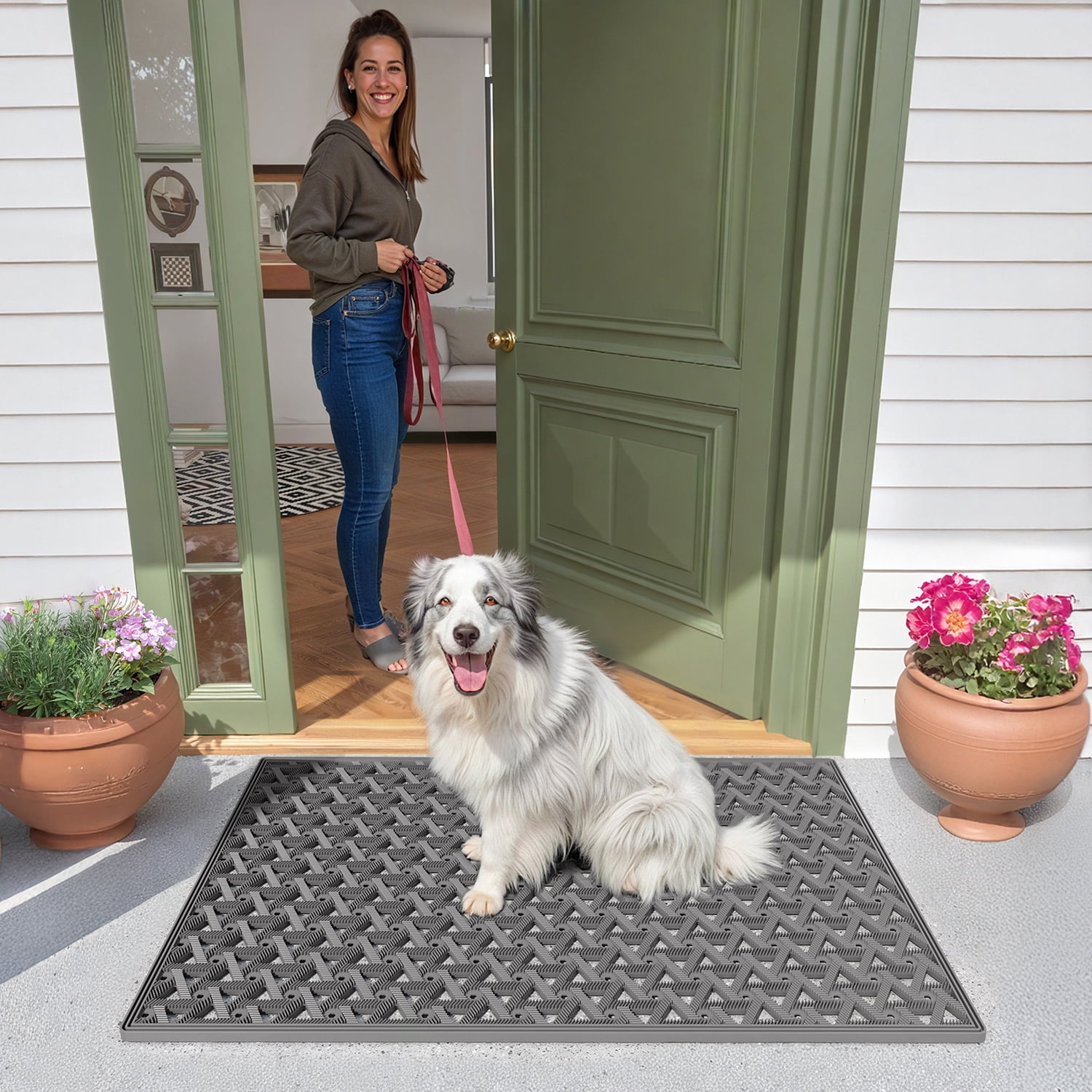 PABUBE Outdoor Doormat , Waterproof and Heavy Duty Doormat for Outside, Low Pile Dirt Trapper Rubber Outdoor Mat and Non-Slip Welcome Mat for Front Doors, 19" x 29", Gray