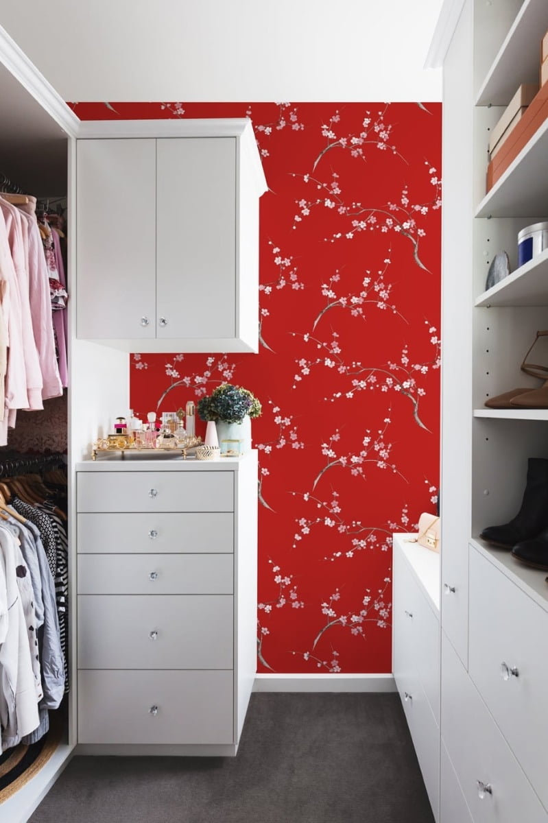 NextWall Scarlet & Petal Pink Cherry Blossom Floral Peel and Stick Wallpaper