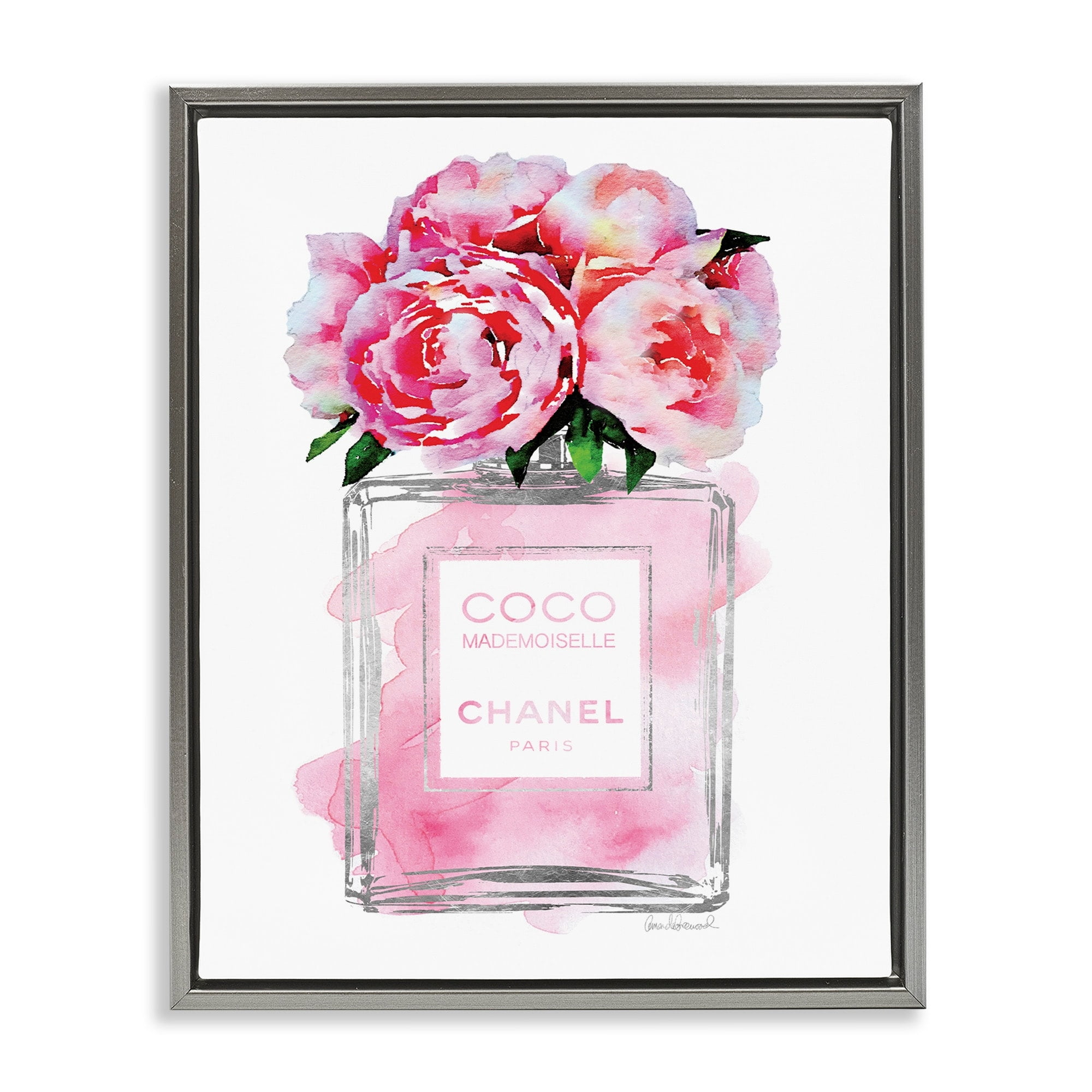 Stupell Industries Glam Perfume Bottle V2 Flower Silver Pink Peony Luster Gray Framed Floating Canvas Wall Art, 16x20, by Amanda Greenwood