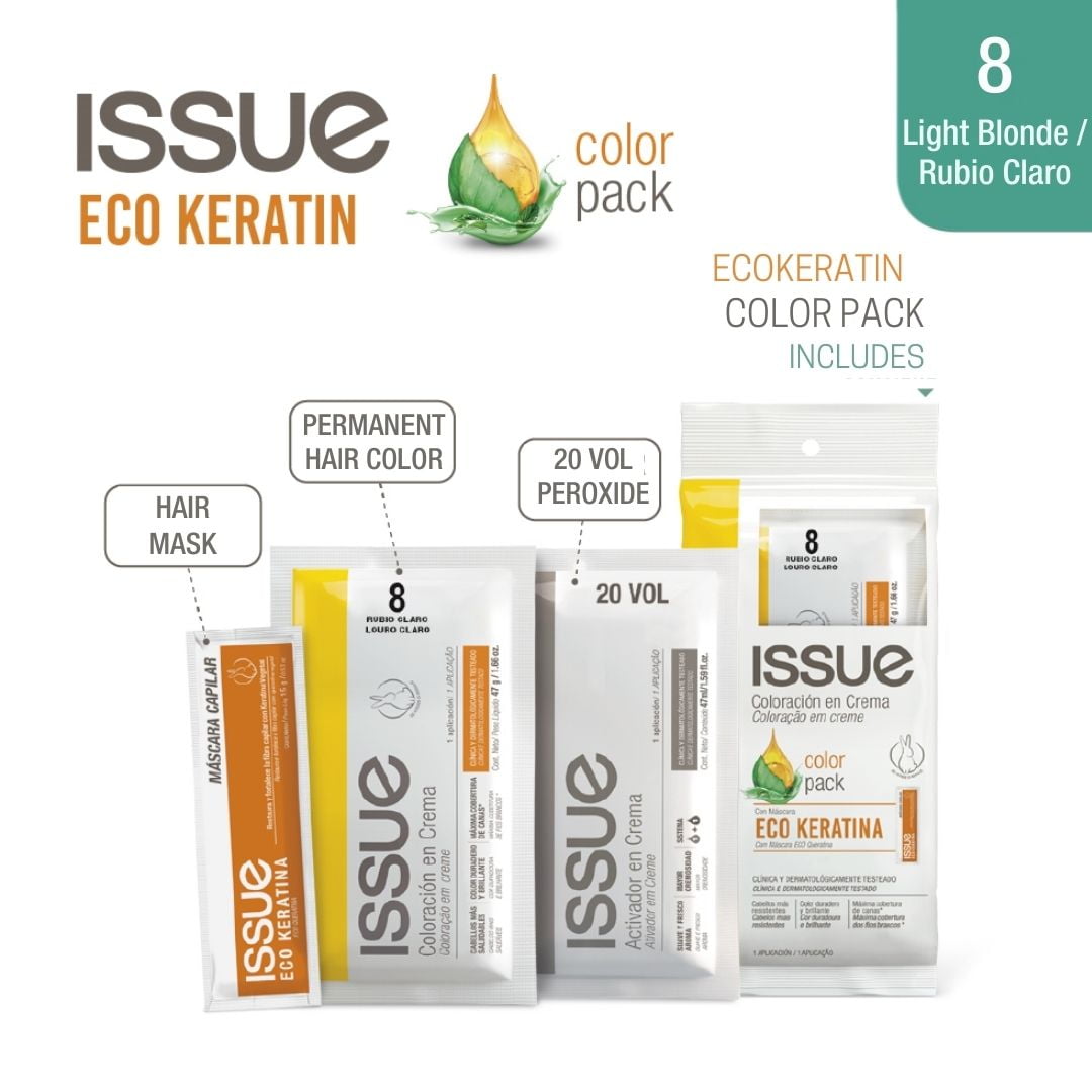Issue Color Keratin Pack, Includes Color, 20 Vol Peroxide and Keratin Mask, 8.0 Light Blonde, Rubio Claro, 3.78 oz