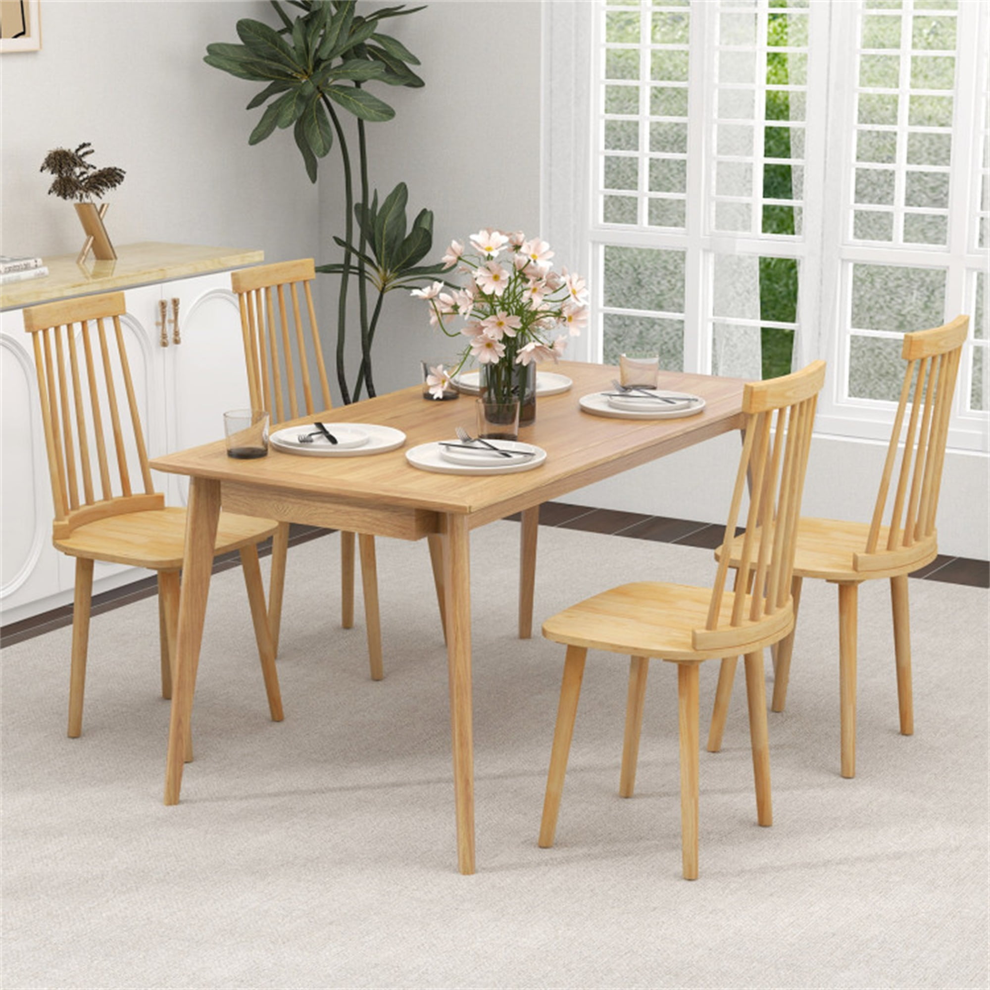 Demi Bonn Windsor Dining Chairs Set of 2 with High Spindle Back and Natural Rubber Wood Legs for Dining Room Living Room, Beige