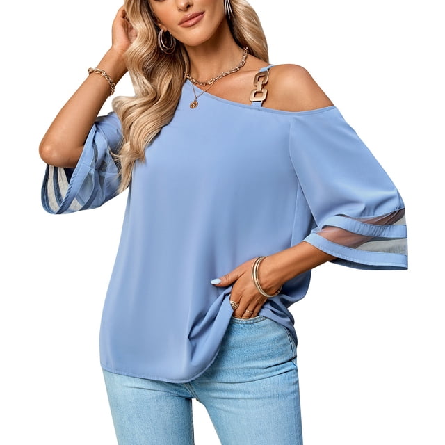 Blusa de un hombro para mujer, manga 3/4 con Panel de malla, Color puro, blusa informal con correa de Metal para primavera y verano, azul, gris, M