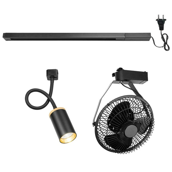 KAYYELAMP Black Ceiling Mini Fan x1, Dimmable Flexible Hose Spot Light x1, Track Rail with 9.8Ft Plug in Cord x1, H-Type Track Mount Adjustable Angle Vintage for Home Plant Shelf