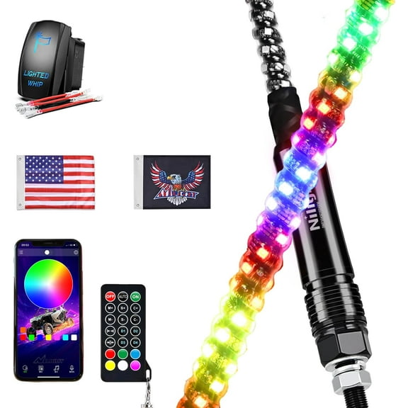 Nilight RGB Whip Light 1PC 3FT Lighted Antenna Whips with Remote & App Control DIY Chasing Patterns Brake Reverse Lights for ATV UTV Polaris RZR Can-am Dune Buggy Pickup Trucks Jeep
