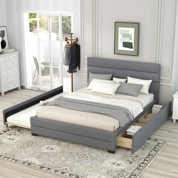 Queen Size Platform Bed, Linen Upholstered Platform Bed Frame with Pull