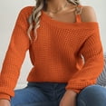 thumbnail image 3 of Duoif Sweaters for Women Trendy Women's Fall/Winter Casual Metal Buckle Spliced Off The Shoulder Sleeve Pullover Sweater Women's Sweaters Womens Tops Orange S, 3 of 8