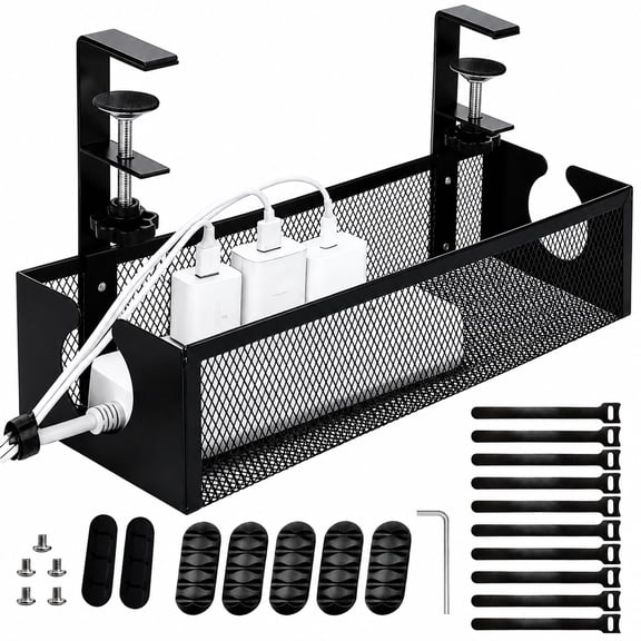 Under Desk Cable Management, Metal Mesh Cable Net with Clamp, No Drill Cord Organizer for Standing Desk, Home Office and Living Room, Black
