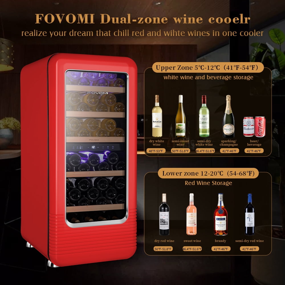 FOVOMI Wine Fridge,91-bottle Wine Cooler Refrigerators Beech Wooden Shelves Dual Zone Large Wine Beverage Freestanding Cellar(Red)