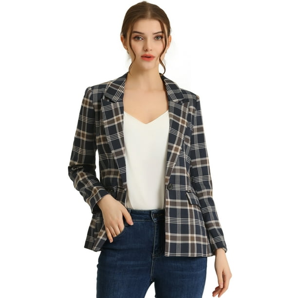 Blazers para mujer Chaqueta tipo blazer a cuadros con solapa con muesca Boyfriend Azul Oscuro S