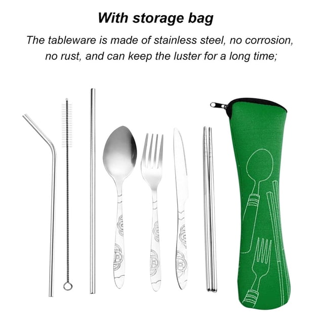 Ensemble d'Ustensiles de Voyage 8pcs / Ensemble d'Ustensiles de Table en Acier Inoxydable Ensemble de Couverts Réutilisables Ensemble de Vaisselle de Camping Portable avec Sac de Rangement Vert pour Pique-Nique d'École de Camping au Travail - par