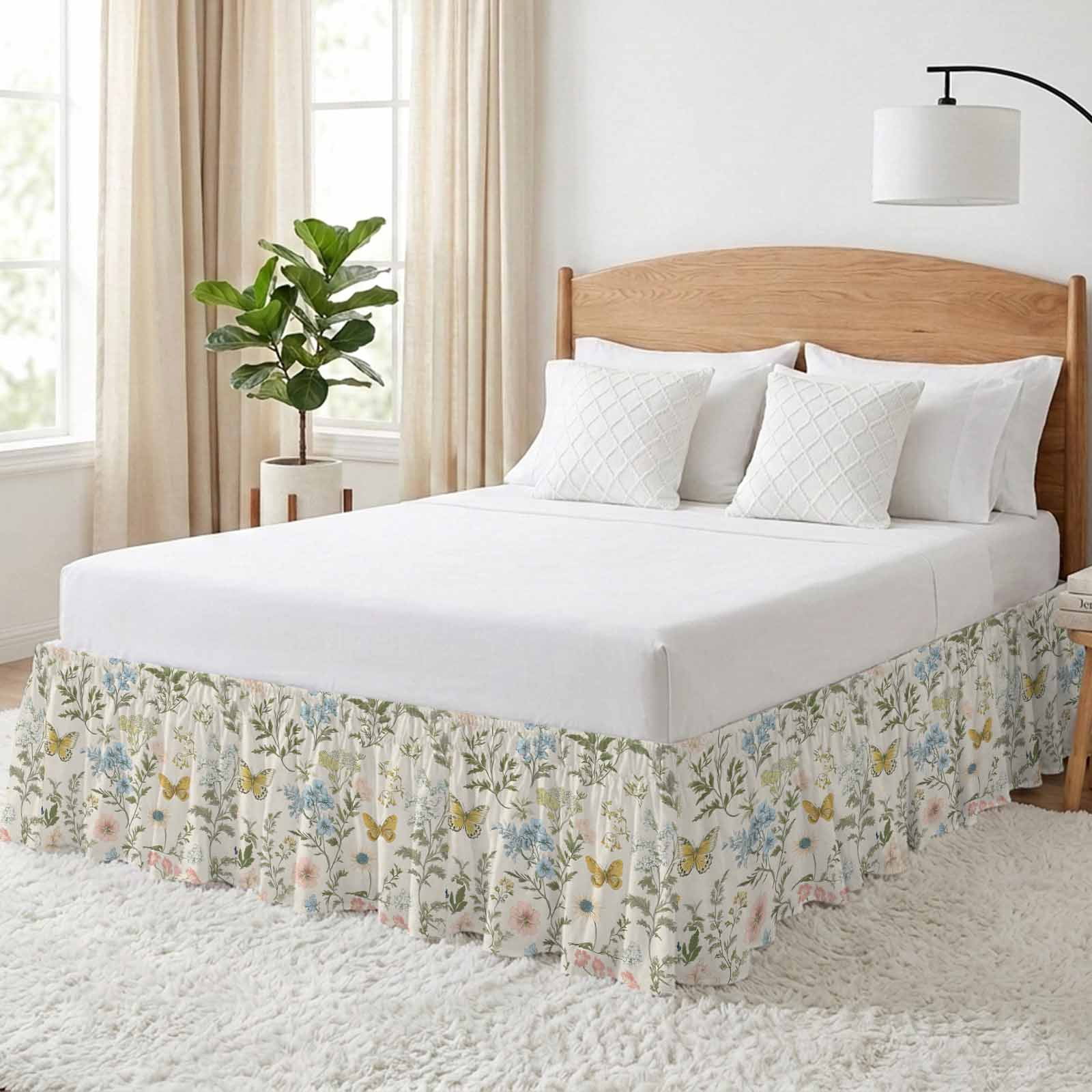 Wildflowers Bed Skirt Queen Size, Spring Flowers Plants Farmhouse Pastoral Wrap Around Bed Skirting with Adjustable Elastic Strap, Dust Ruffle Pleated Bedskirts 16 Inch Drop for Bedroom Queen Beds