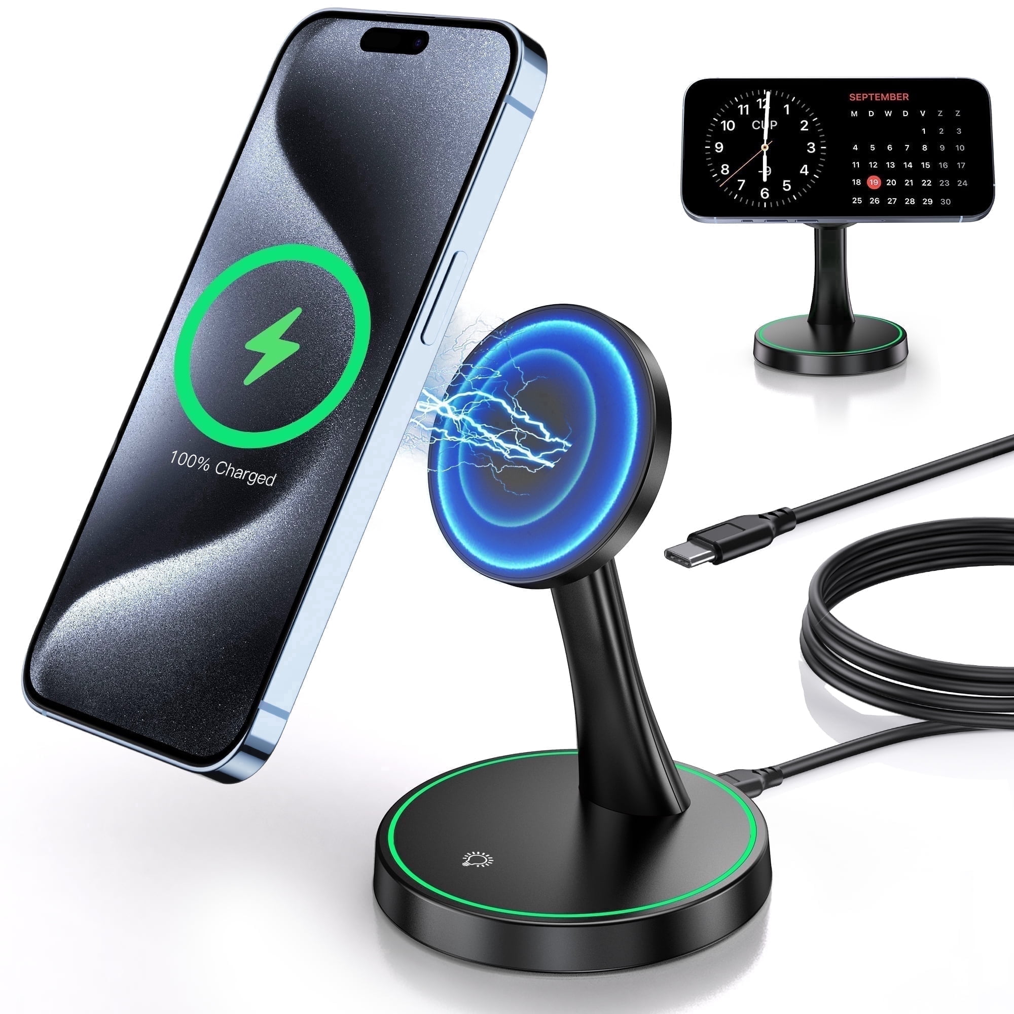 OANDYS 15W Fast Magnetic Wireless Charger Stand Compatible for iPhone 17/16/15/14/13/12 Series with Sleep-Friendly Light for AirPods 3/Pro/Pro 2