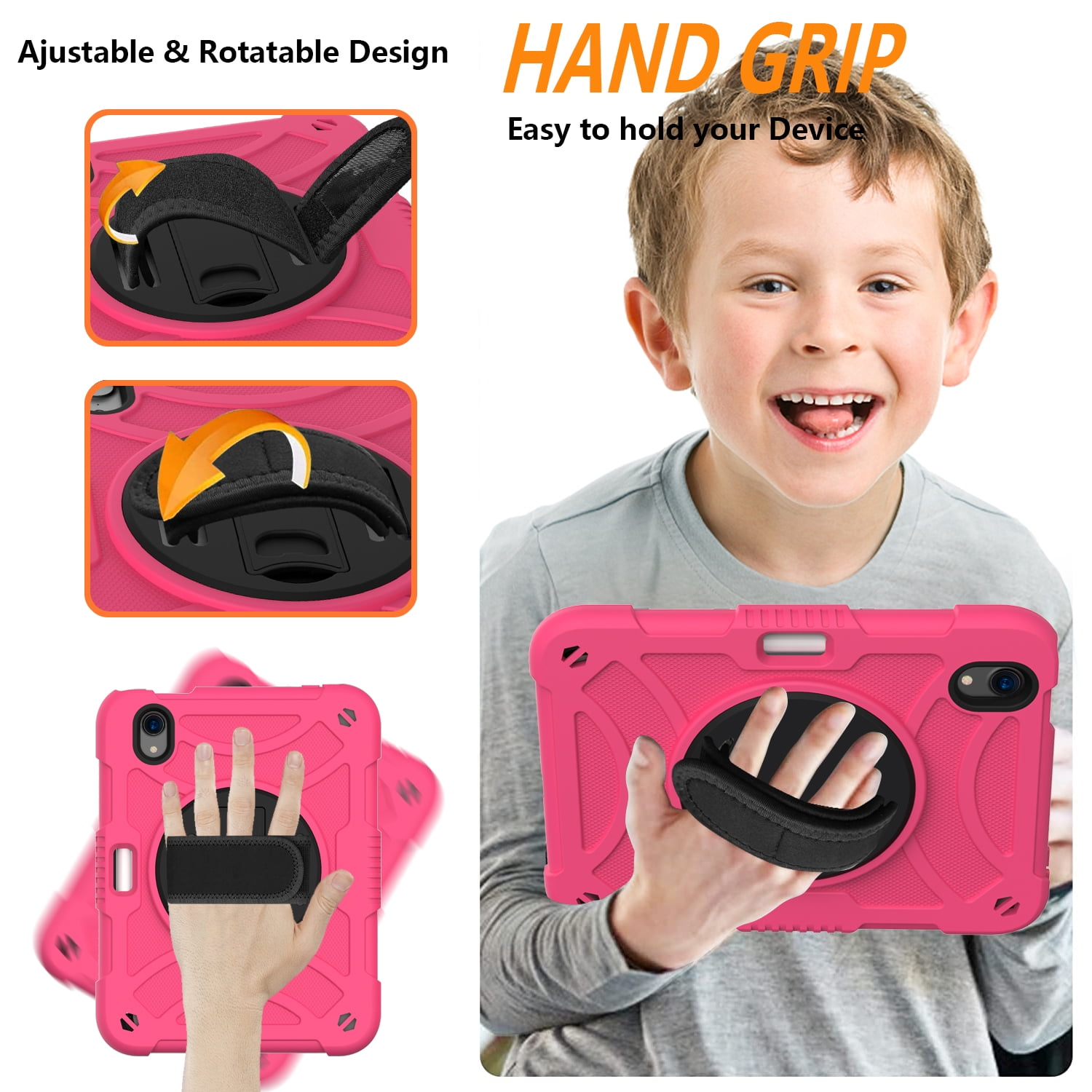 Allytechgroup kids Case for Apple iPad Mini 7 A17 Pro Case iPad Mini 7th/6th Generation Case 2024/2021, Military Grade Drop Protection with Hand/Shoulder Strap Rotating Stand Pencil Holder, Rose