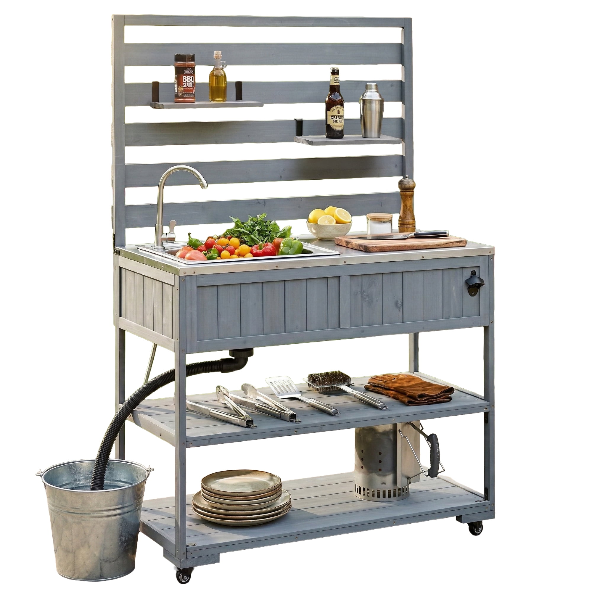 Mintazer Outdoor Rolling Kitchen Island with Sink & Faucet, Garden Potting Bench with Stainless Table Top & 2 Movable Shelves and Bottle Opener, Gray