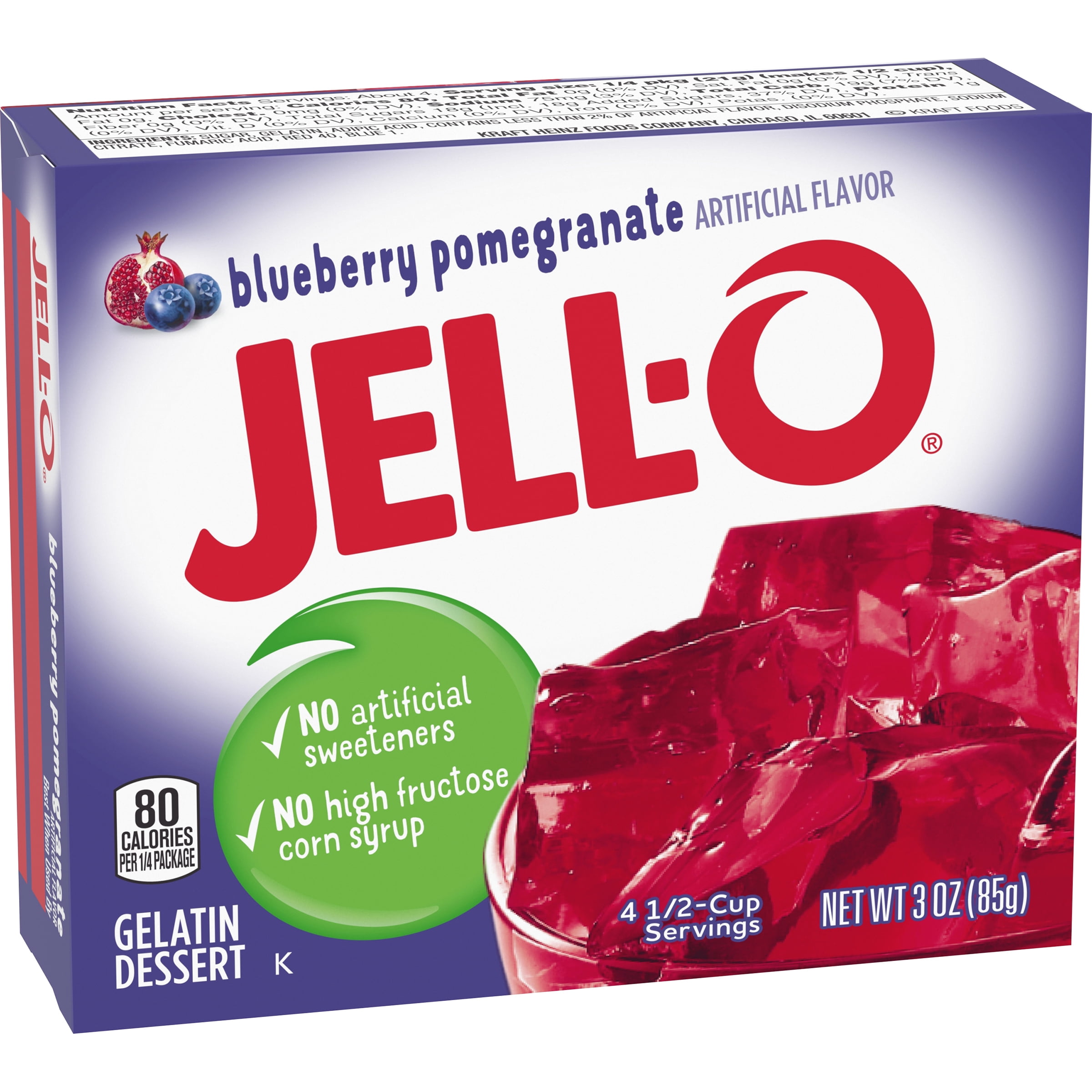 JellO Pomegranate Blueberry Instant Gelatin Mix, 3 oz Box