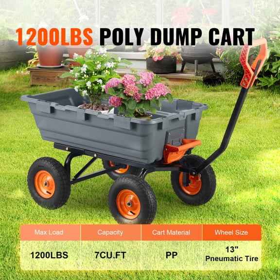 1200 lbs Capacity Poly Garden Dump Cart 6.48 cu ft Utility Wheelbarrow with 2 in 1 Convertible Handle 13 inch Tires Black Steel Frame