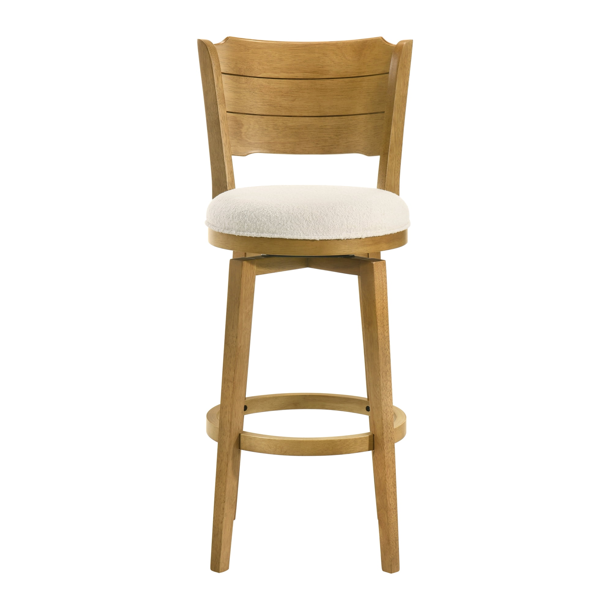 Winsley Coastal Modern Swivel Wood Bar Height Kitchen Bar Stool in Amber Glow Finish with White Boucle Fabric Upholstered Seat - Set of 3
